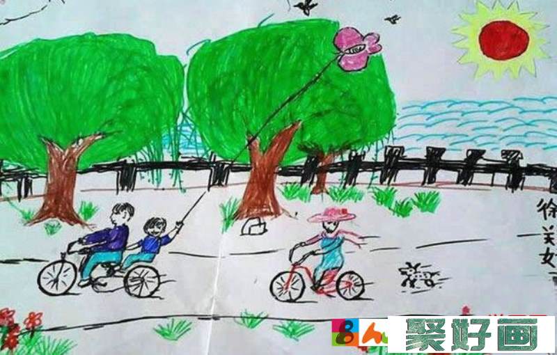 清明节踏青主题儿童画 - 清明郊游放风筝