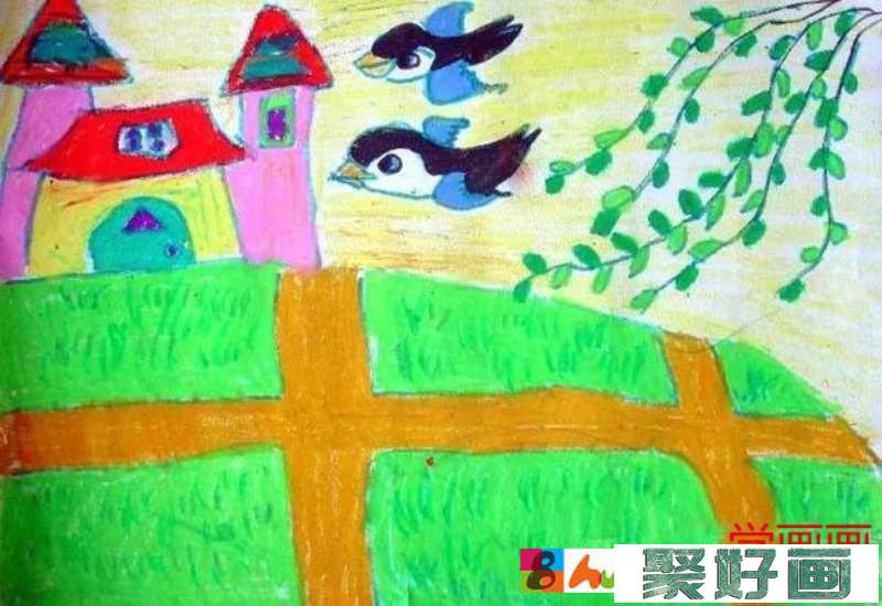 春天燕子柳叶儿童画 儿童画春天的图片