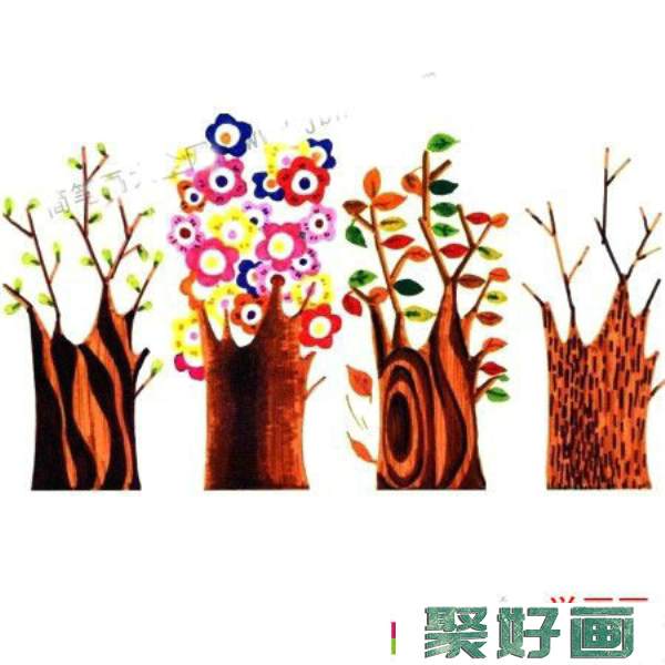 儿童画水彩树木画法步骤教程：一年四季的树木