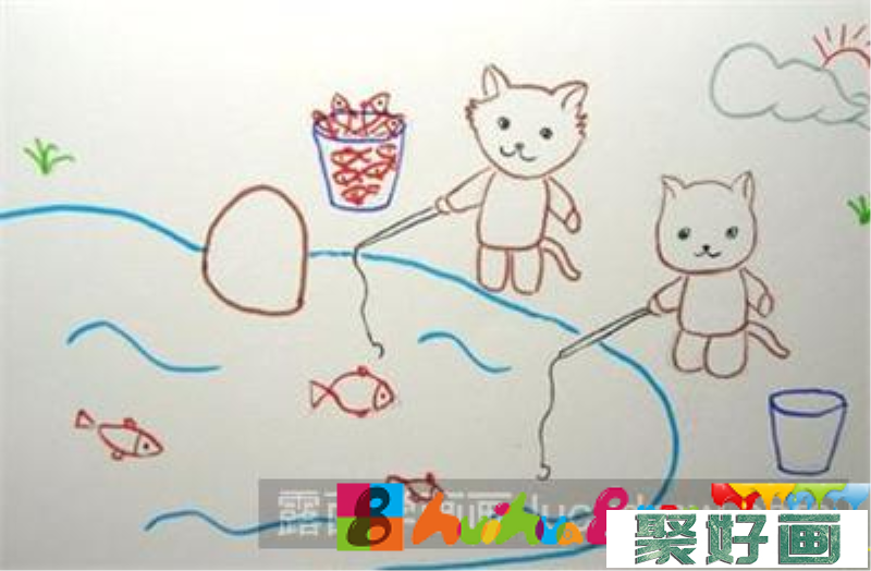 儿童画教程：小猫钓鱼