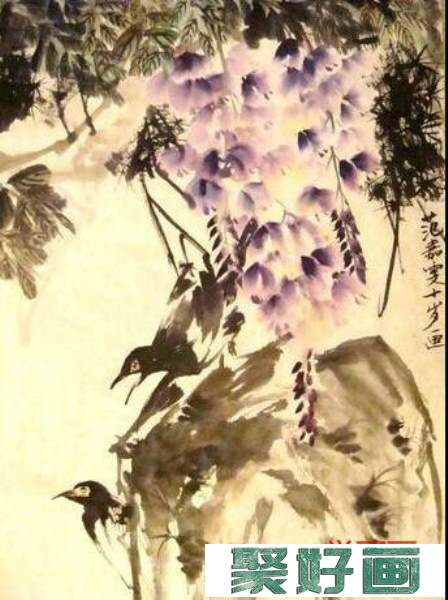 少儿国画作品欣赏-喜鹊紫藤双喜迎春