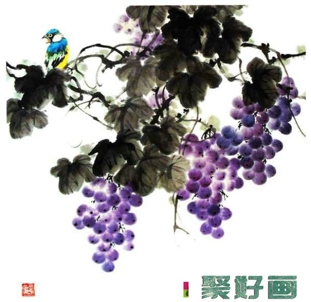 国画葡萄作品欣赏-诱人的紫葡萄