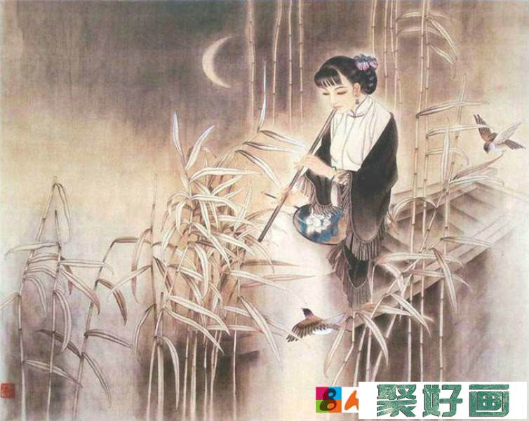 中国演奏传统乐器笛子与箫的国画作品