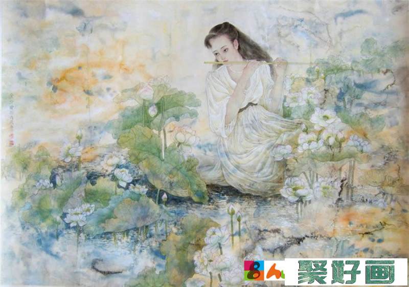 中国演奏传统乐器笛子与箫的国画作品