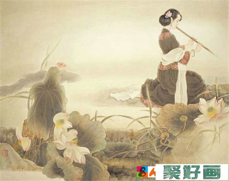 中国演奏传统乐器笛子与箫的国画作品