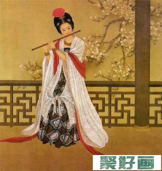 中国演奏传统乐器笛子与箫的国画作品