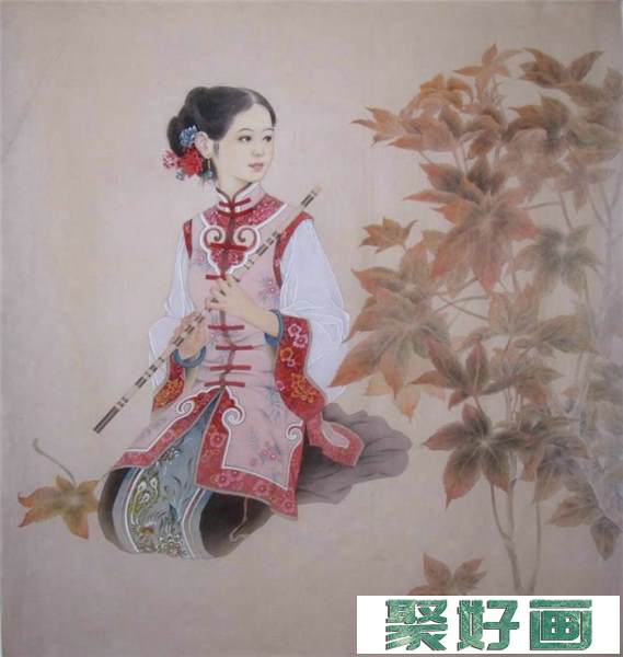 中国演奏传统乐器笛子与箫的国画作品