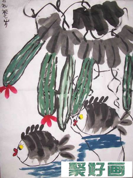 丝瓜与鱼儿童国画作品大图