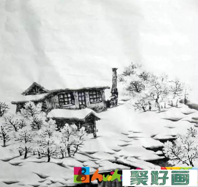 国画深山雪景图画法教程