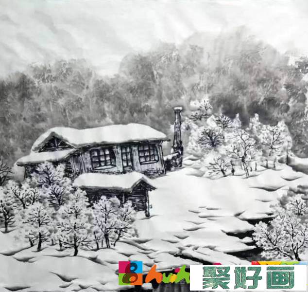 国画深山雪景图画法教程