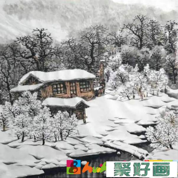 国画深山雪景图画法教程