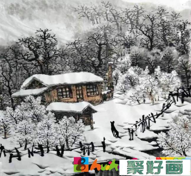 国画深山雪景图画法教程