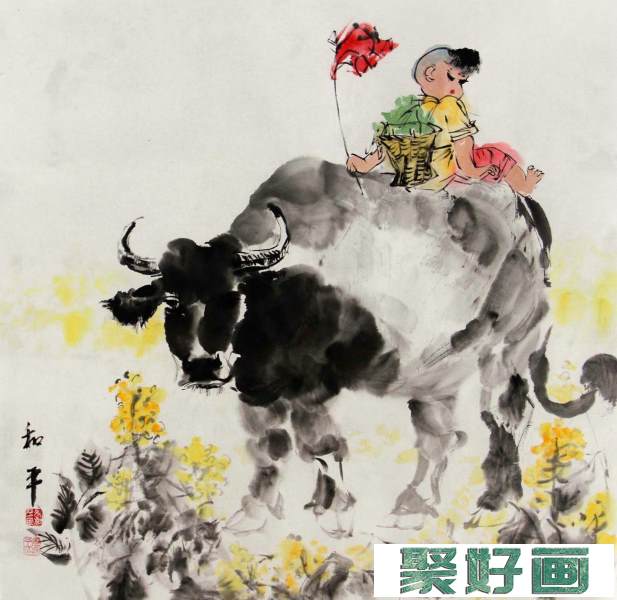 尹和平国画小品:牧童与牛