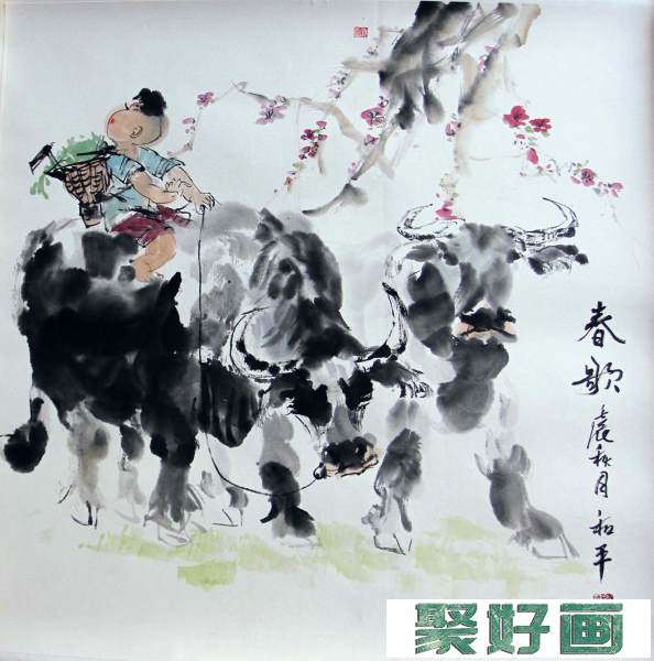 尹和平国画小品:牧童与牛
