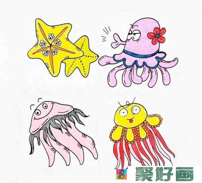 四种卡通海洋生物彩色简笔画图片