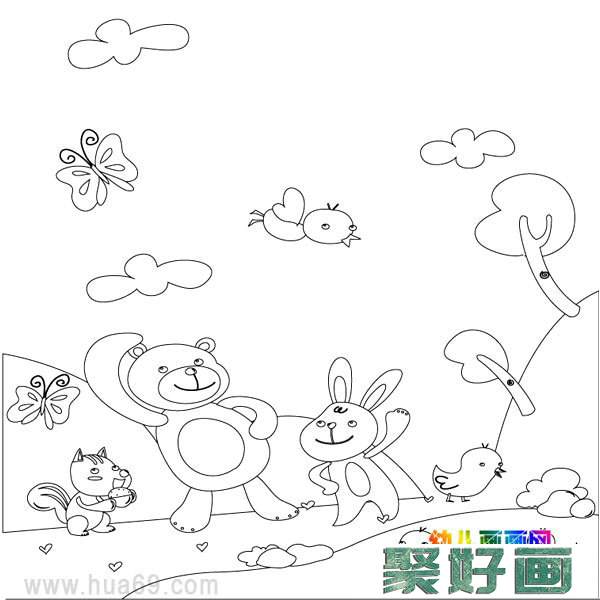 儿童简笔画：小兔小熊在玩耍