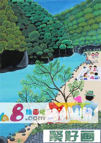 踏春野餐风景儿童画，漂亮的儿童画图片