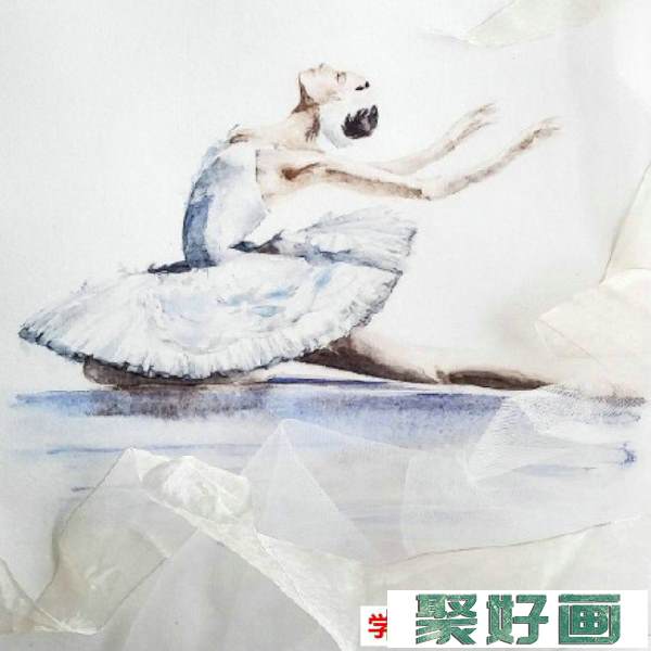 跳芭蕾的女生水彩画图片 穿芭蕾舞裙跳芭蕾的女生优美舞姿水彩画作品_www.youyix.com