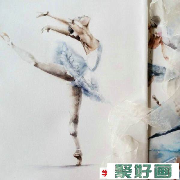 跳芭蕾的女生水彩画图片 穿芭蕾舞裙跳芭蕾的女生优美舞姿水彩画作品_www.youyix.com