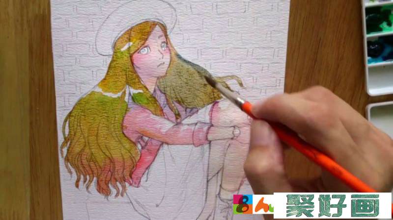 【视频】靠着墙坐着的女生唯美水彩手绘视频教程 红砖墙下带着帽子穿裙子的女生_www.youyix.com