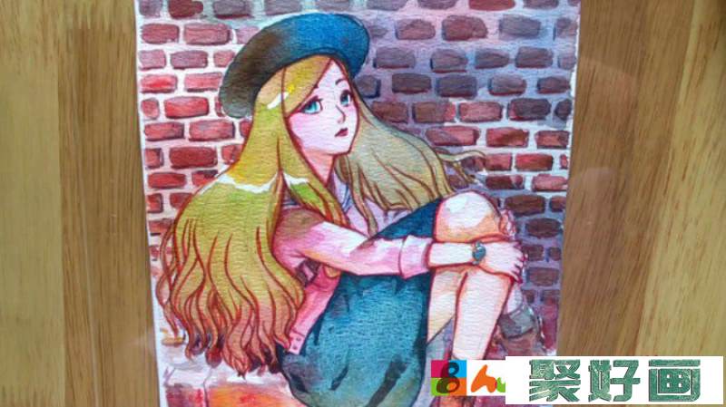 【视频】靠着墙坐着的女生唯美水彩手绘视频教程 红砖墙下带着帽子穿裙子的女生_www.youyix.com