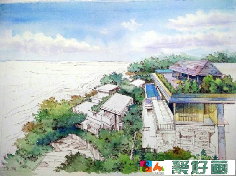 海边别墅建筑景观钢笔水彩画教程图片 带上色步骤 很美的环境_www.youyix.com