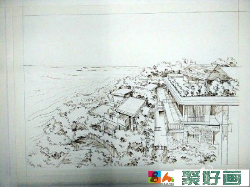 海边别墅建筑景观钢笔水彩画教程图片 带上色步骤 很美的环境_www.youyix.com