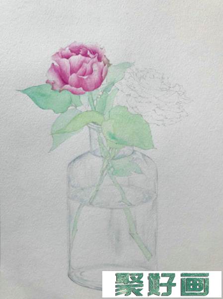 插在玻璃瓶里的玫瑰花水彩画图片 玻璃花瓶里的玫瑰花水彩手绘教程 上色步骤_www.youyix.com
