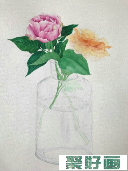 插在玻璃瓶里的玫瑰花水彩画图片 玻璃花瓶里的玫瑰花水彩手绘教程 上色步骤_www.youyix.com