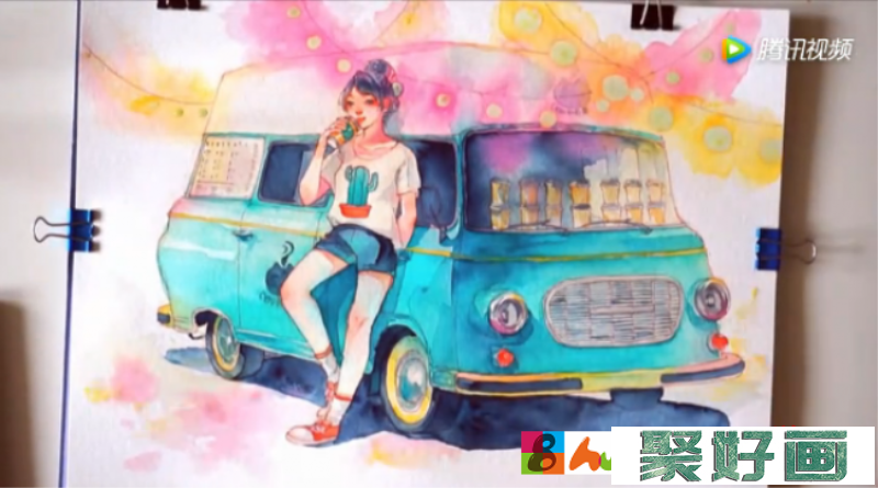 靠在巴车上的女孩超美水彩手绘教程_www.youyix.com