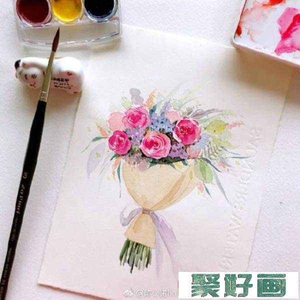 精美包装好的鲜花水彩画手绘教程图片 一束精美鲜花的水彩画画法 节日礼物_www.youyix.com