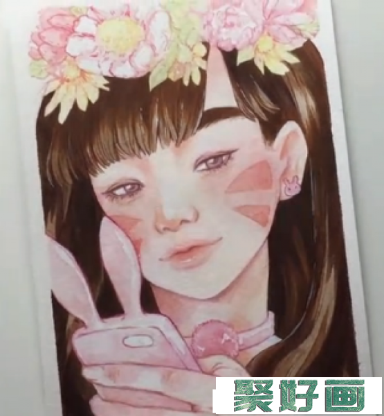 纯情的玩手机女孩水彩手绘 画的不就是屏幕前的你吗？_www.youyix.com