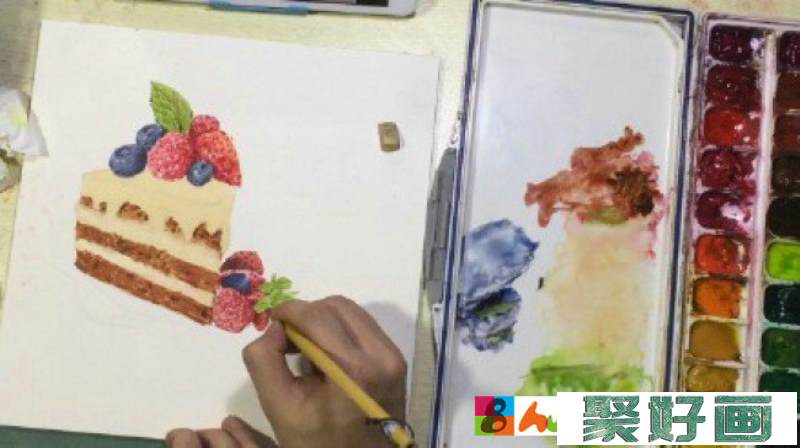 草莓蓝莓巧克力蛋糕水彩画图片手绘教程 巧克力蛋糕怎么画 画法_www.youyix.com