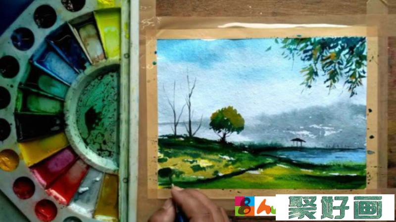 【视频】优美的湖边草地自然风光风景水彩画视频教程手绘画法步骤_www.youyix.com