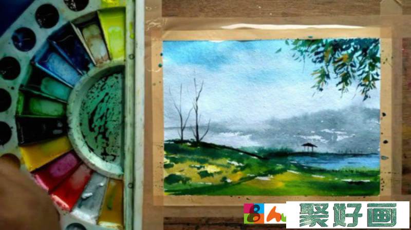 【视频】优美的湖边草地自然风光风景水彩画视频教程手绘画法步骤_www.youyix.com