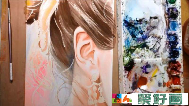 【视频】唯美好看的女生侧面水彩画手绘视频教程 丸子头侧面耳朵精细刻画_www.youyix.com