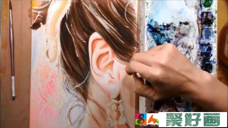 【视频】唯美好看的女生侧面水彩画手绘视频教程 丸子头侧面耳朵精细刻画_www.youyix.com