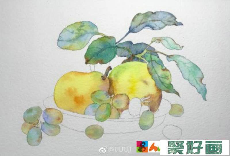 果盘里的梨子和葡萄水果静物水彩手绘教程图片 李子和葡萄的水彩画画法_www.youyix.com