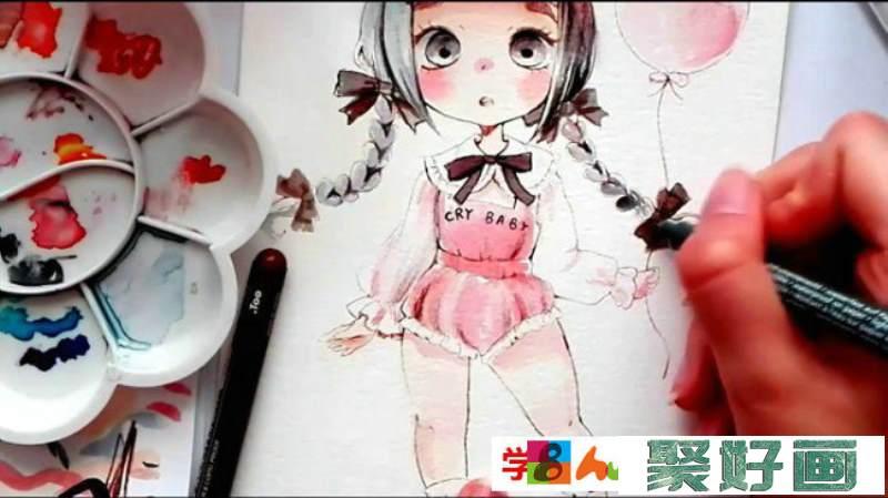 【视频】牵着气球的可爱小女孩水彩手绘视频教程 可爱小萝莉水彩画法_www.youyix.com
