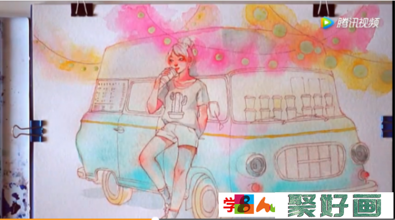 靠在巴车上的女孩超美水彩手绘教程_www.youyix.com