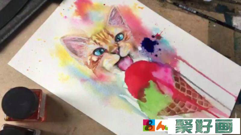 【视频】写意吃冰激凌的猫咪水彩插画手绘视频教程 猫咪的画法_www.youyix.com