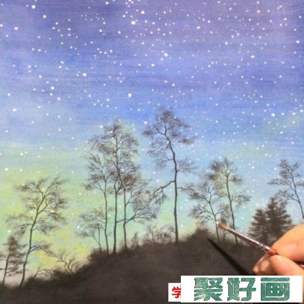 唯美的水彩星空液晶效果手绘教程图片 夜晚的星空水彩画画法 怎么画_www.youyix.com