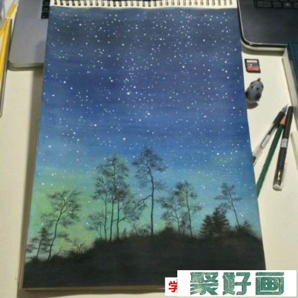 唯美的水彩星空液晶效果手绘教程图片 夜晚的星空水彩画画法 怎么画_www.youyix.com