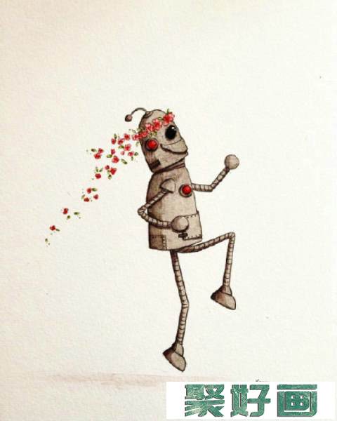 开心快乐的机器人水彩画手绘教程图片 可爱的机器人水彩画画法 怎么画_www.youyix.com