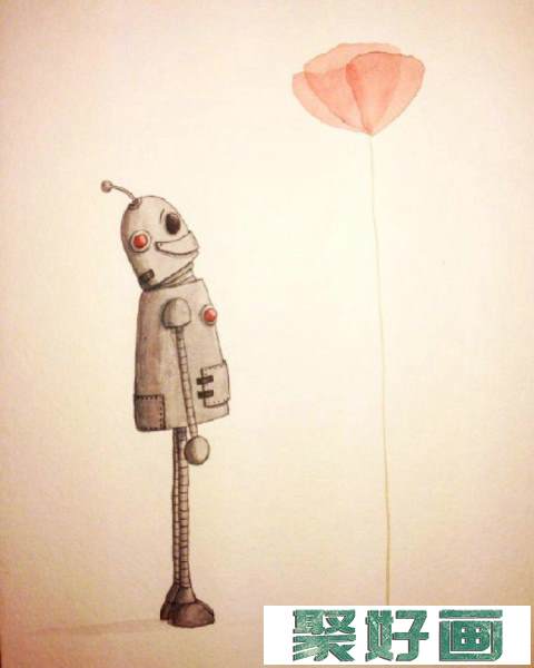 开心快乐的机器人水彩画手绘教程图片 可爱的机器人水彩画画法 怎么画_www.youyix.com