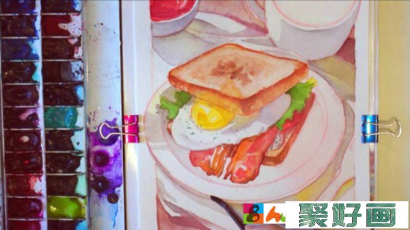【视频】美味可口爱心早餐美食水彩画画法 面包鸡蛋咖啡画法_www.youyix.com