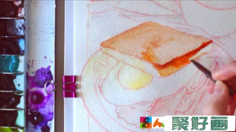 【视频】美味可口爱心早餐美食水彩画画法 面包鸡蛋咖啡画法_www.youyix.com
