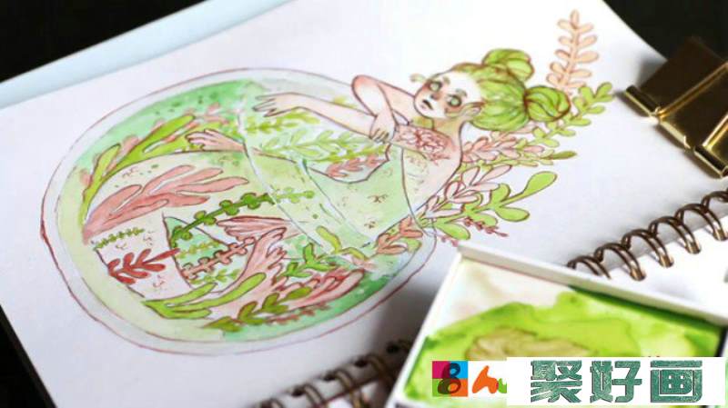 【视频】瓶子鱼缸里的人鱼姑娘水彩画视频教程 插画画法步骤_www.youyix.com