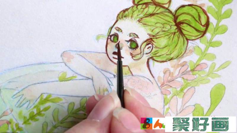 【视频】瓶子鱼缸里的人鱼姑娘水彩画视频教程 插画画法步骤_www.youyix.com