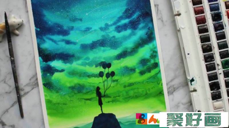 【视频】唯美星空下拿着气球的女孩水彩画视频教程 星空怎么画画法_www.youyix.com